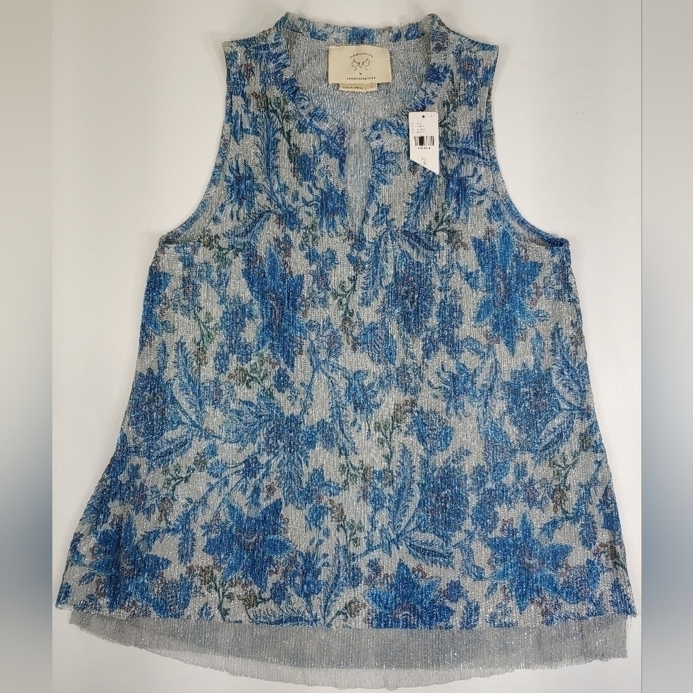 Anthropologie Vanessa Virginia Blue Metallic Pleated Layer Tank Top Size S Small
